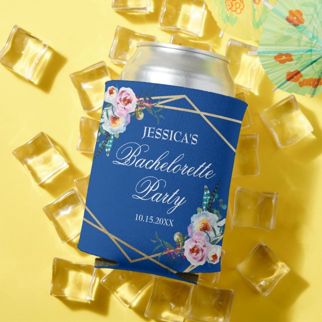 Pretty Blue Boho Feather Bachelorette Party Can Cooler (In Situ Summer)