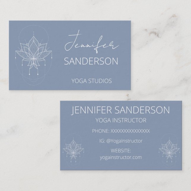 Pretty Blue Boho Floral Lotus Yoga Instructor Business Card (Front/Back)