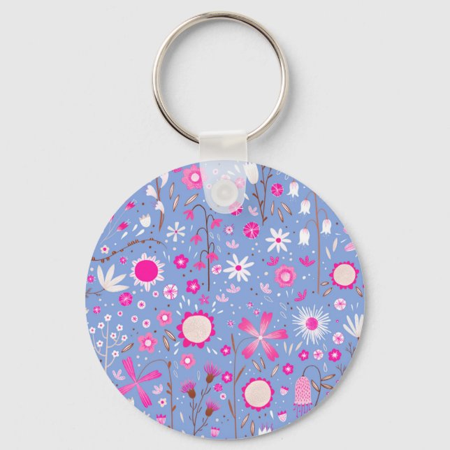 Pretty Blue Botanical Wildflower Floral Key Ring (Front)