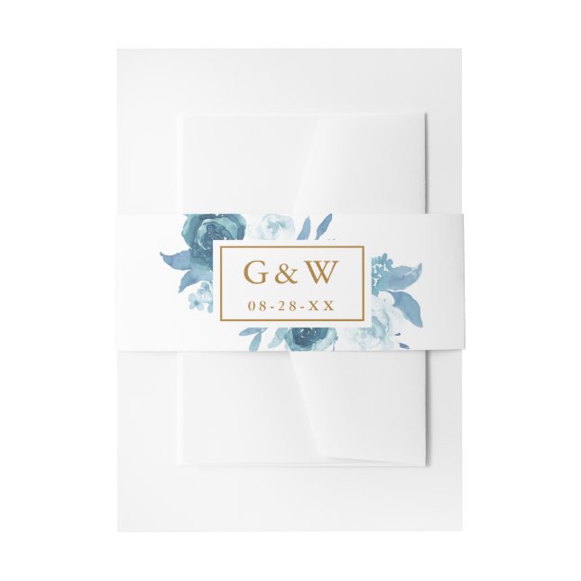 Pretty Blue Bouquet Monograms and Date Wedding Invitation Belly Band (Front Example)