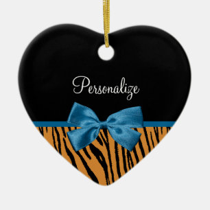Pretty Blue Bow Stylish Tiger Stripes and Name Ceramic Tree Decoration