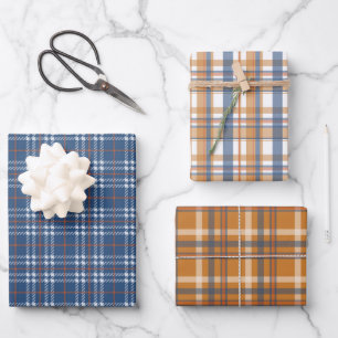 PRETTY BLUE & BROWN FALL PLAID PATTERN WRAPPING PAPER SHEET