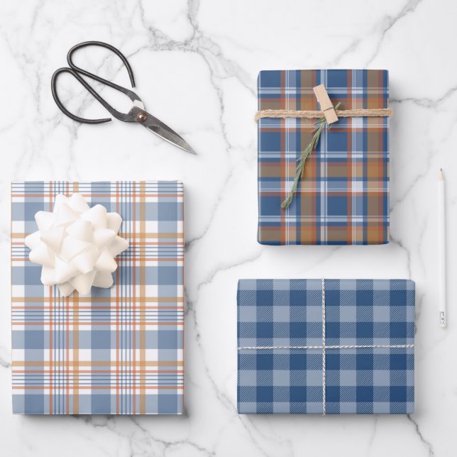 PRETTY BLUE & BROWN FALL PLAID PATTERN WRAPPING PAPER SHEET (Front)