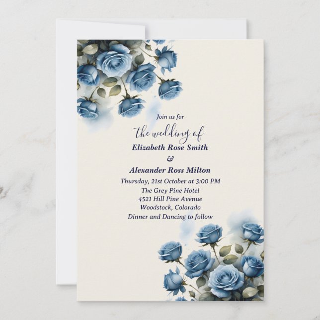 Pretty blue bunch of roses wedding invitation (Front)