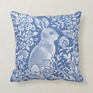 Pretty Blue Bunny Forest Floral Woodland Rabbit Cushion