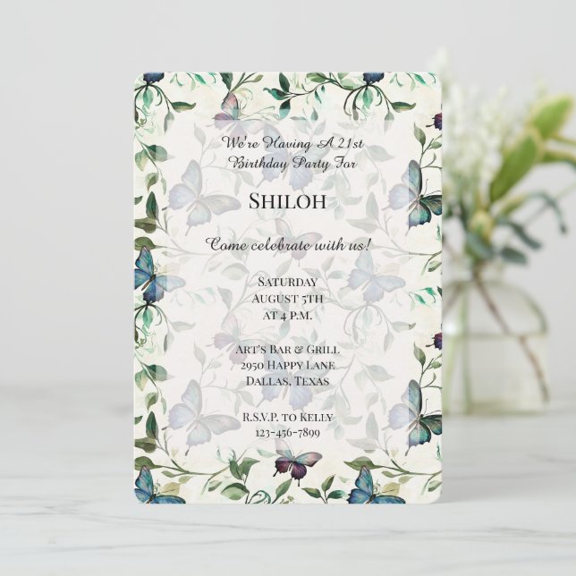Pretty Blue Butterflies Birthday Invitation (Standing Front)