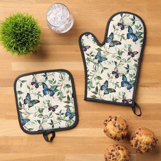 Pretty Blue Butterflies Bridal Shower Oven Mitt & Pot Holder Set (Top Down)