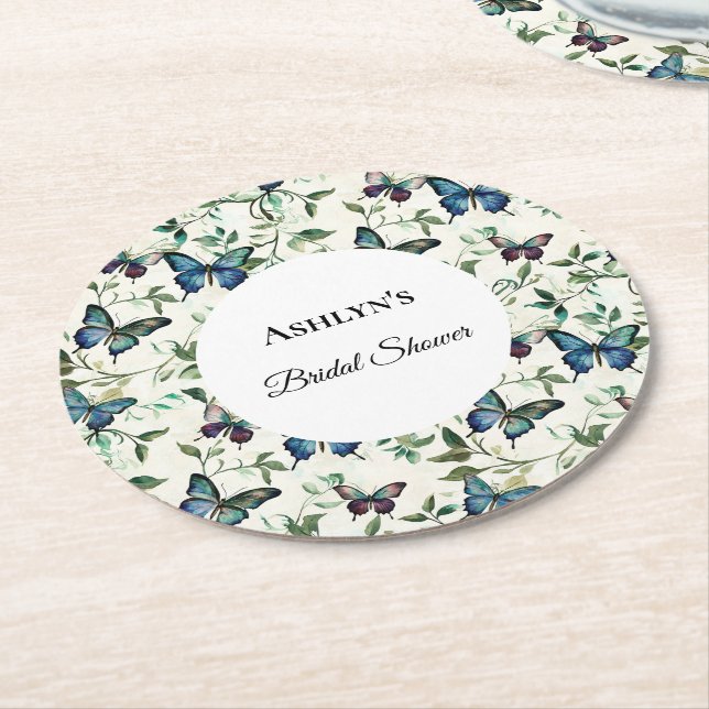 Pretty Blue Butterflies Bridal Shower Round Paper Coaster (Angled)