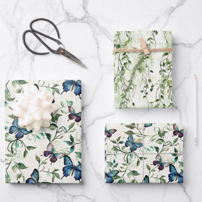 Pretty Blue Butterflies Bridal Shower Wrapping Paper Sheet (Front)