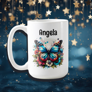 Pretty Blue Butterfly and Flowers Personalised Coffee Mug