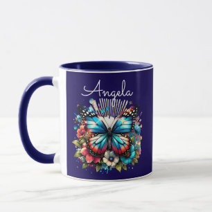 Pretty Blue Butterfly and Flowers Personalised Mug