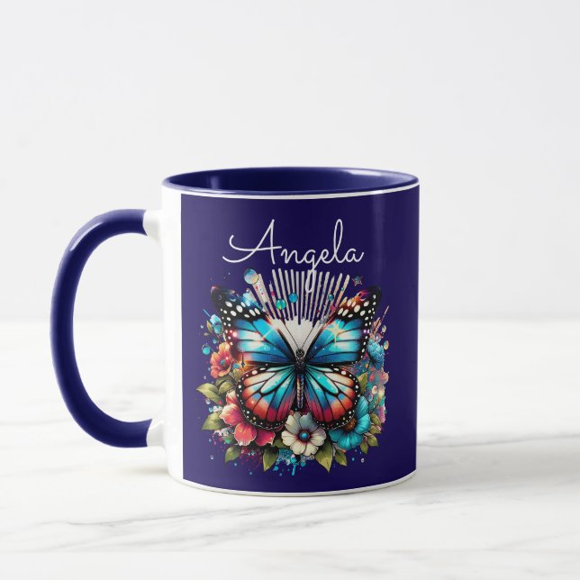 Pretty Blue Butterfly and Flowers Personalised Mug (Left)