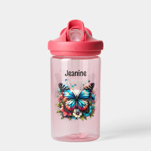 Pretty Blue Butterfly and Flowers Personalised Water Bottle
