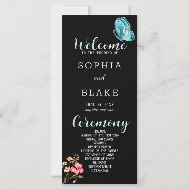 Pretty Blue Butterfly Black Wedding Program (Front)