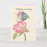 Pretty blue butterfly on pink flower card<br><div class="desc">Painted wild rose flowers and a blue butterfly on birthday card. Add names and other details.</div>