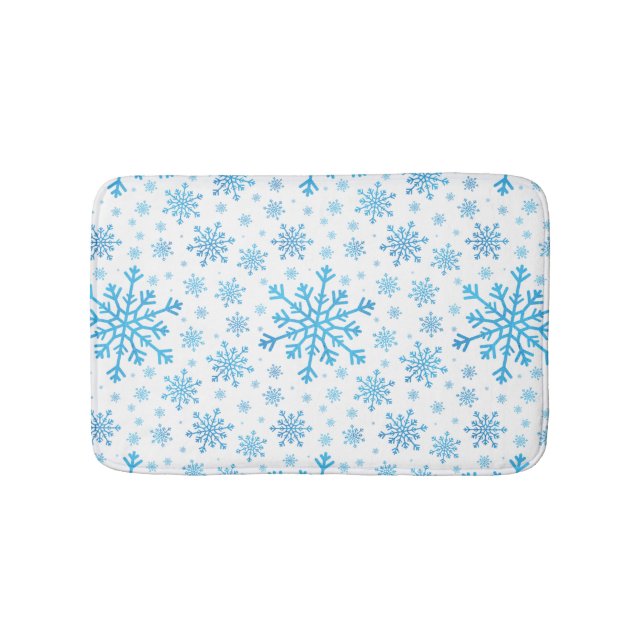 Pretty Blue Christmas Snowflakes on Winter White Bath Mat (Front)