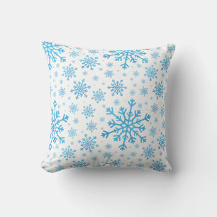 Pretty Blue Christmas Snowflakes on Winter White Cushion