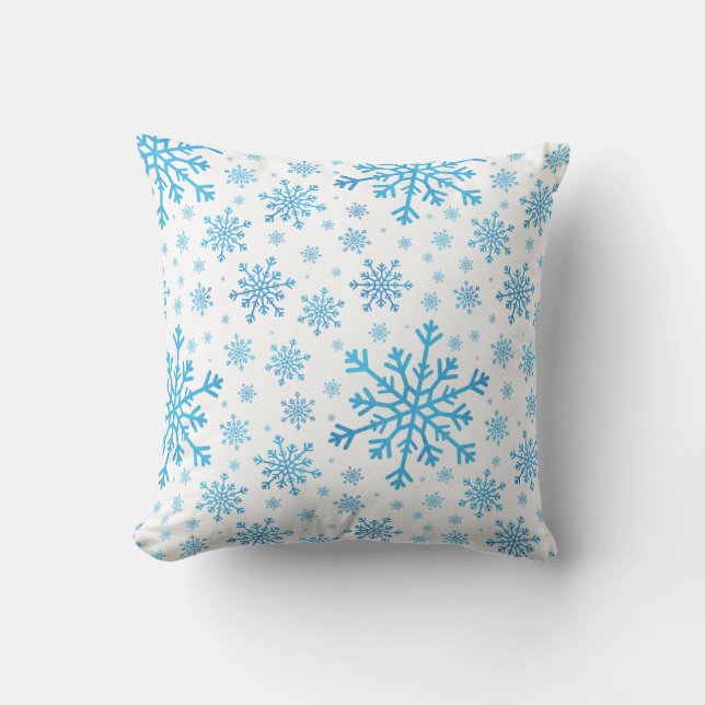 Pretty Blue Christmas Snowflakes on Winter White Cushion (Front)
