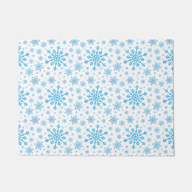 Pretty Blue Christmas Snowflakes on Winter White Doormat (Front)