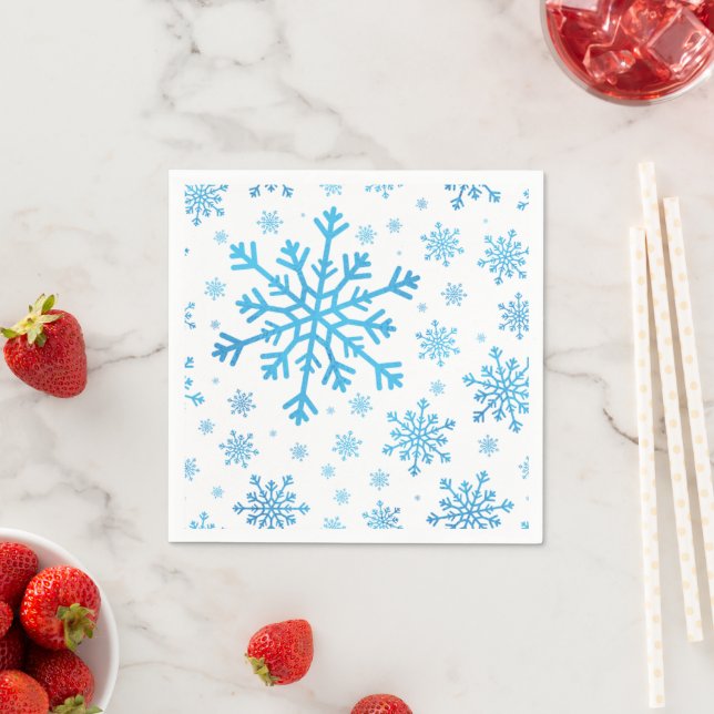 Pretty Blue Christmas Snowflakes on Winter White Napkin (Insitu)