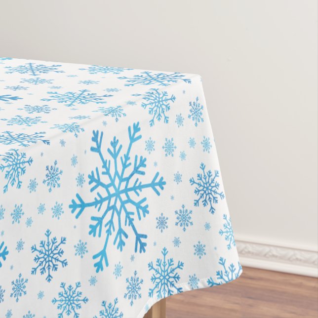 Pretty Blue Christmas Snowflakes on Winter White Tablecloth (In Situ)