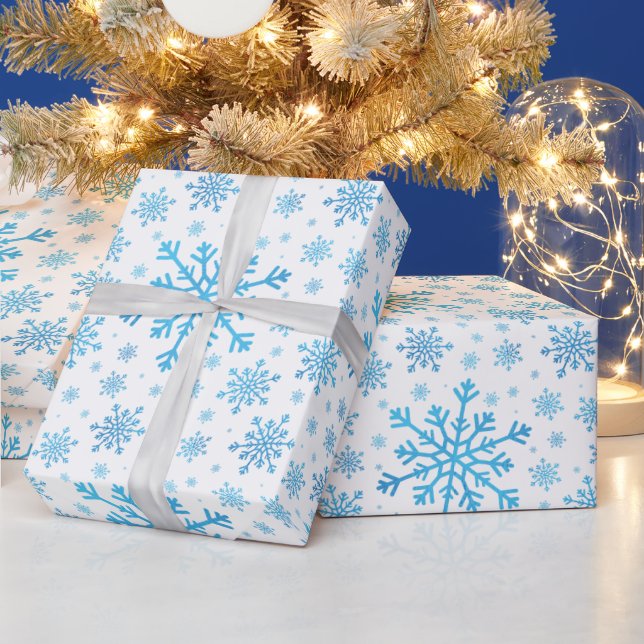 Pretty Blue Christmas Snowflakes on Winter Wrapping Paper (Holidays)