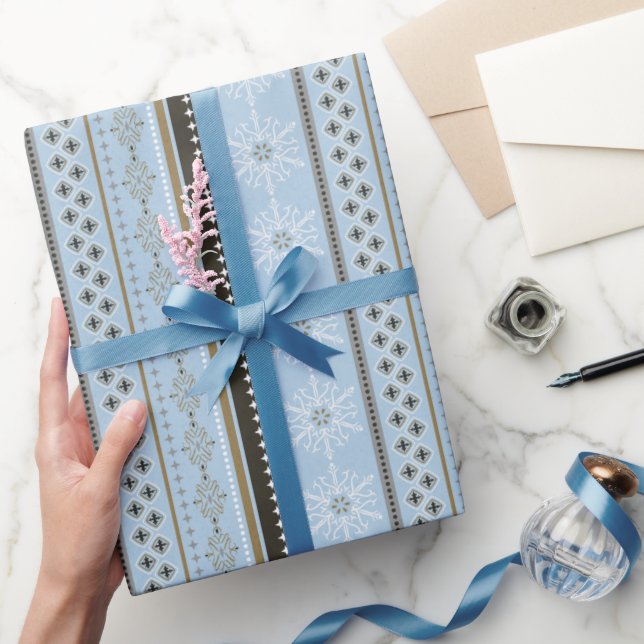 Pretty blue Christmas stripes snowflakes gift wrap (Gifting)