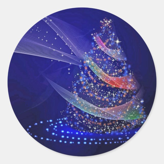 Pretty Blue Christmas Tree Graphic Classic Round Sticker (Front)