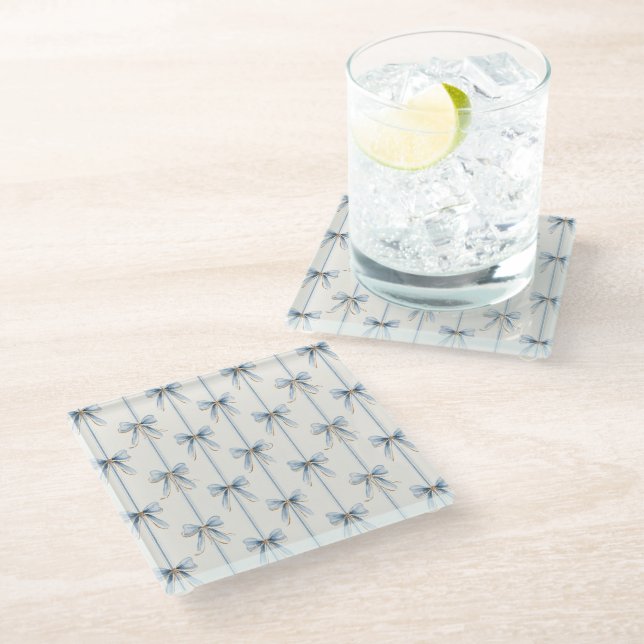 Pretty Blue Cream Bows Glass Coaster (Angled)