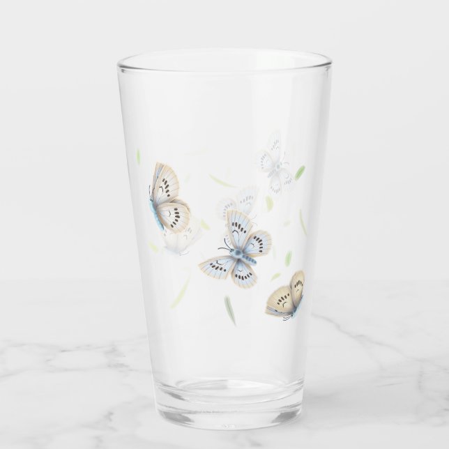 Pretty Blue & Cream Butterflies in Flight Glass (Back)