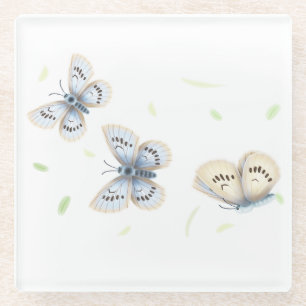 Pretty Blue & Cream Butterflies in Flight Glass Coaster