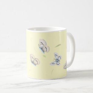 Pretty Blue & Cream Butterflies in Flight Yellow Coffee Mug