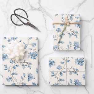 Pretty Blue Cream Flowers Wedding Wrapping Paper Sheet
