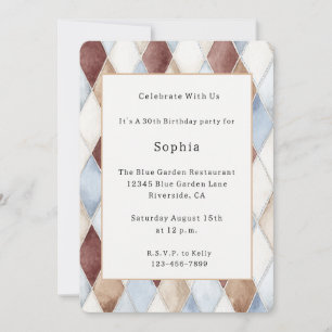 Pretty Blue Cream Tan Brown Diamonds Birthday Invitation
