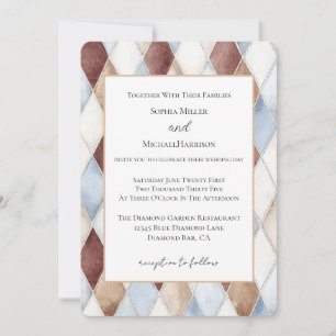 Pretty Blue Cream Tan Brown Diamonds Wedding Invitation