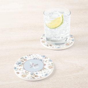 Pretty Blue Cream Tan Brown Flowers Coaster