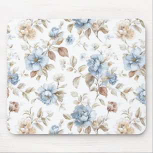 Pretty Blue Cream Tan Brown Flowers Mouse Mat