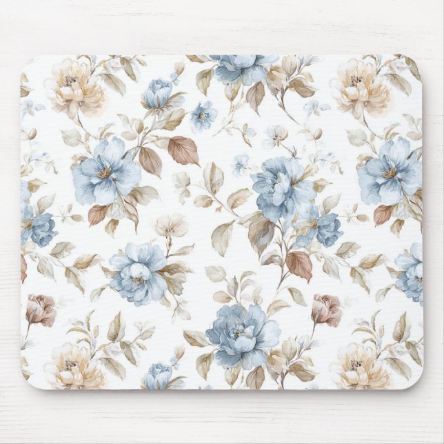 Pretty Blue Cream Tan Brown Flowers Mouse Mat (Front)