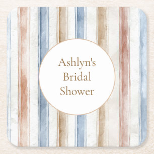 Pretty Blue Cream Tan Stripes Bridal Shower Square Paper Coaster