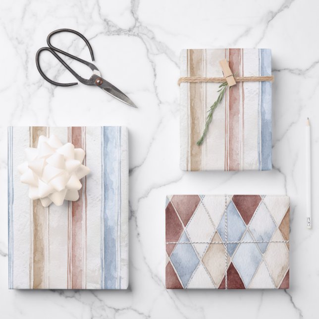 Pretty Blue Cream Tan Stripes Wedding Wrapping Paper Sheet (Front)