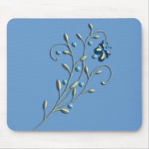 Pretty Blue Daisy & Butterfly Doodle Mouse Mat