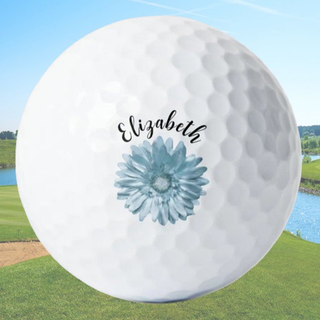 Pretty blue daisy flower custom name ladies golf balls (Creator Uploaded)