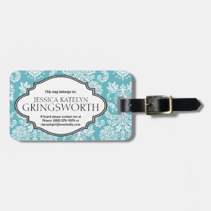 Pretty Blue Damask Girly Personalised Luggage Tag