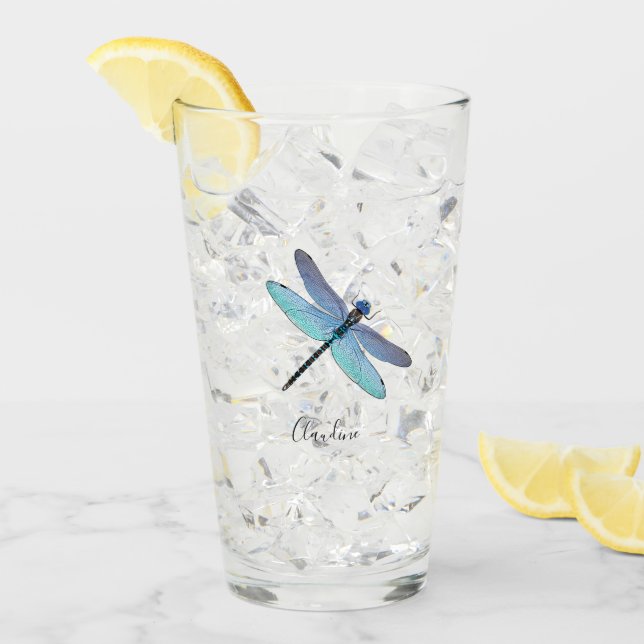 Pretty Blue Dragonfly Drink Beer Pint Glasses (Front Ice)
