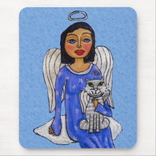 Pretty Blue Eyes Angel Holding Cat on Cloud Mouse Mat