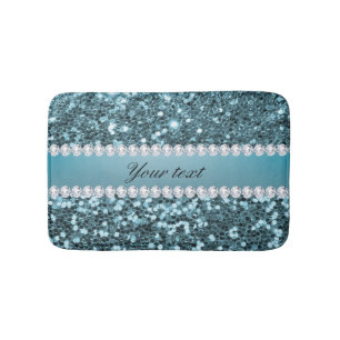 Pretty Blue Faux Glitter and Diamonds Bath Mat