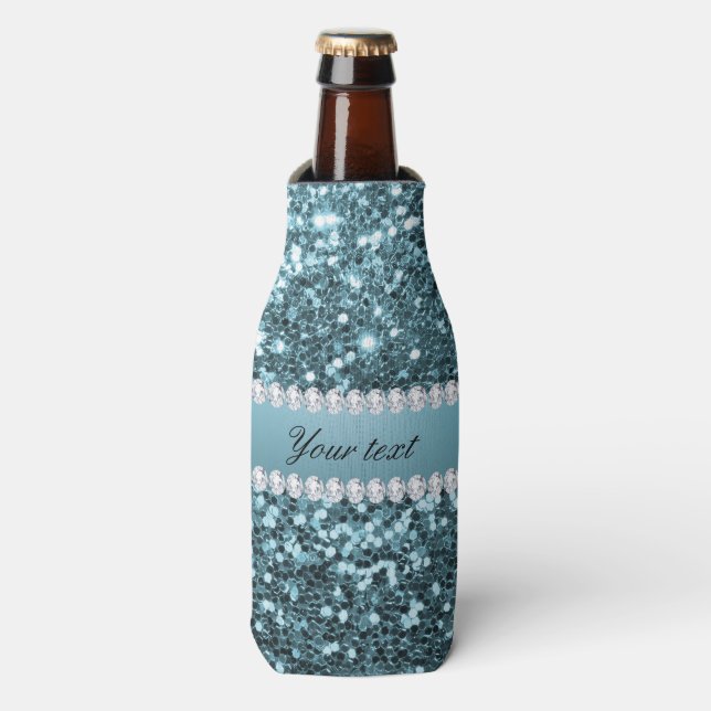 Pretty Blue Faux Glitter and Diamonds Bottle Cooler (Bottle Front)