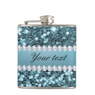 Pretty Blue Faux Glitter and Diamonds Hip Flask
