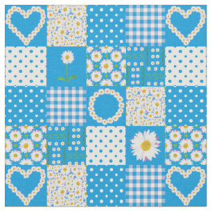 Pretty Blue Faux Patchwork Daisy Chains Fabric