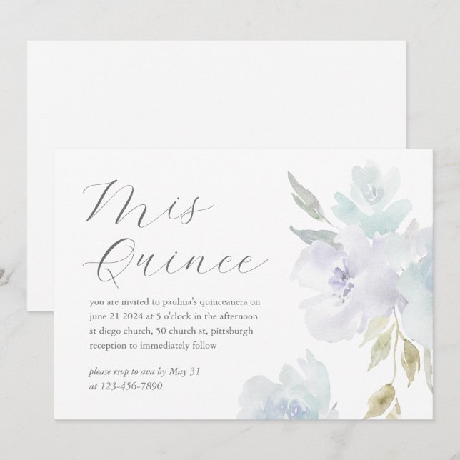 Pretty Blue Floral 15 Years Birthday Quinceañera Invitation (Front/Back)